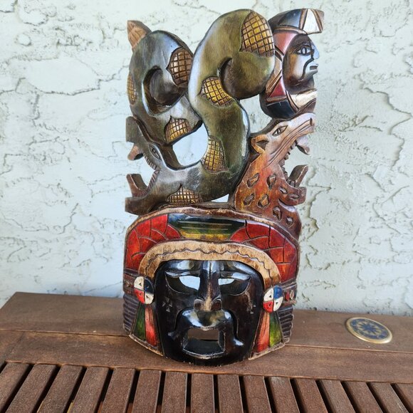 Hand-Carved Mayan Aztec Wooden Mask Tribal Wall Art with Snake, Jaguar & Warrior - Picture 2 of 16